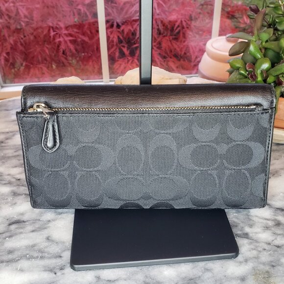 Coach Slim Trifold Wallet - Charcoal Signature Canvas and Black Leather - Picture 3 of 15